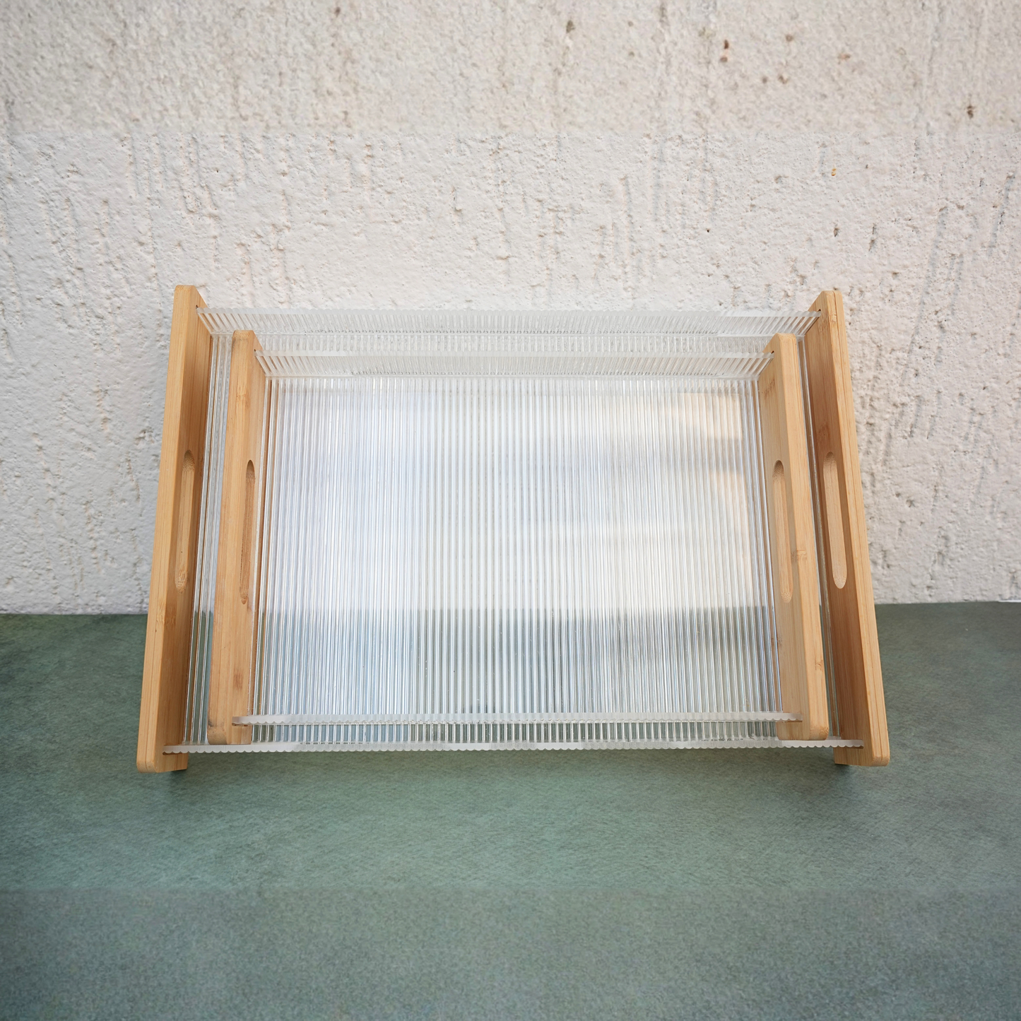 Ribbed Acrylic and Wooden Serving Tray- Set of 2