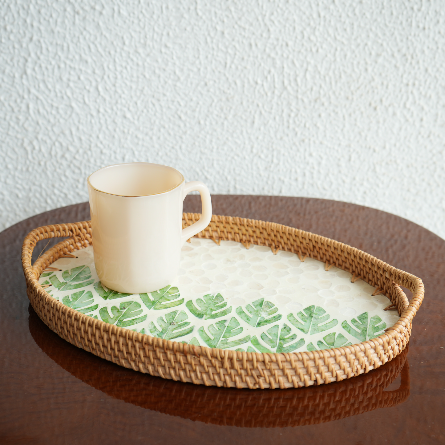 Large Oval Mother-of-Pearl & Cane Serving Tray - Botanic
