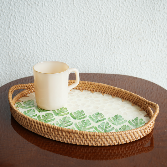 Large Oval Mother-of-Pearl & Cane Serving Tray - Botanic