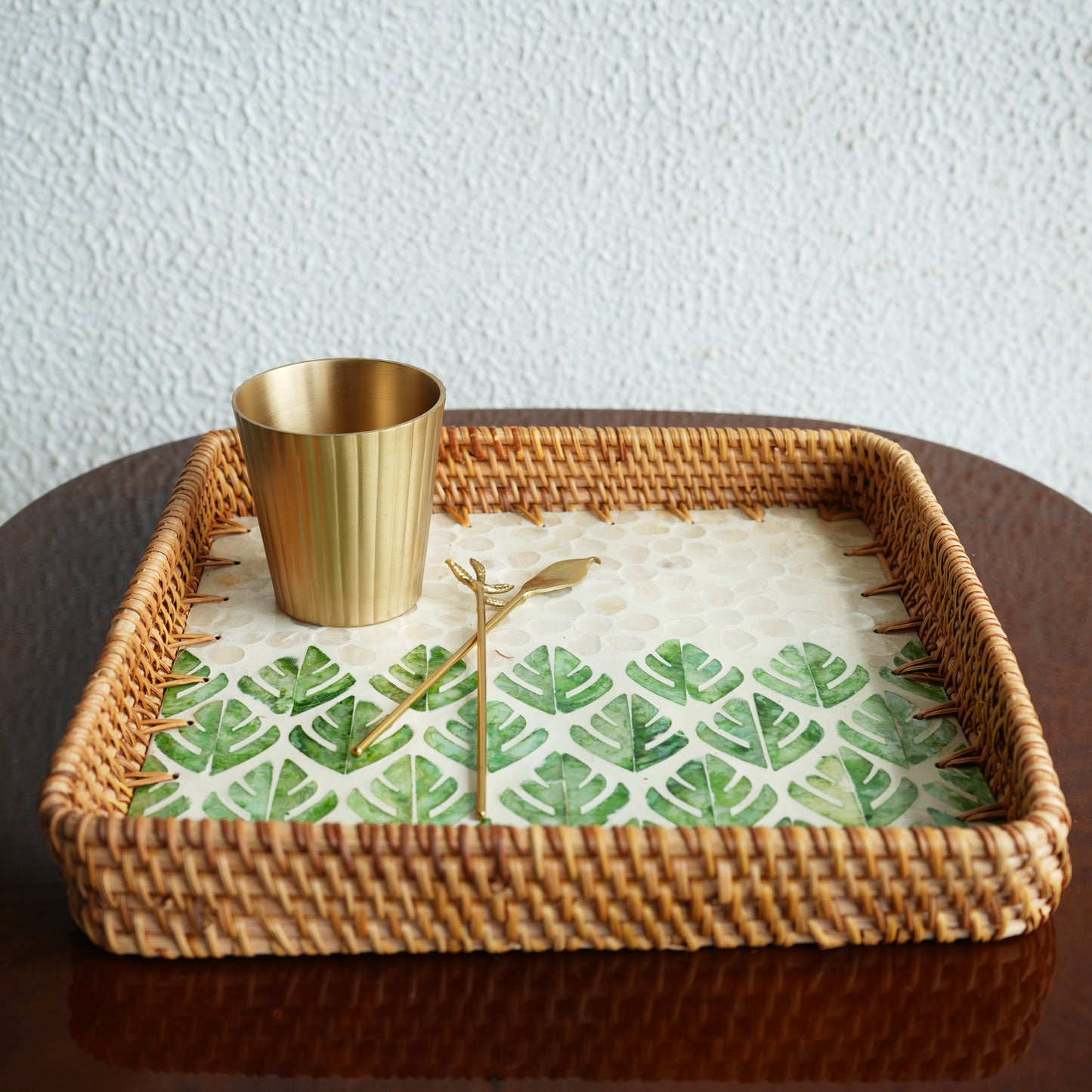 Large Square Mother-of-Pearl & Cane Serving Tray - Botanic