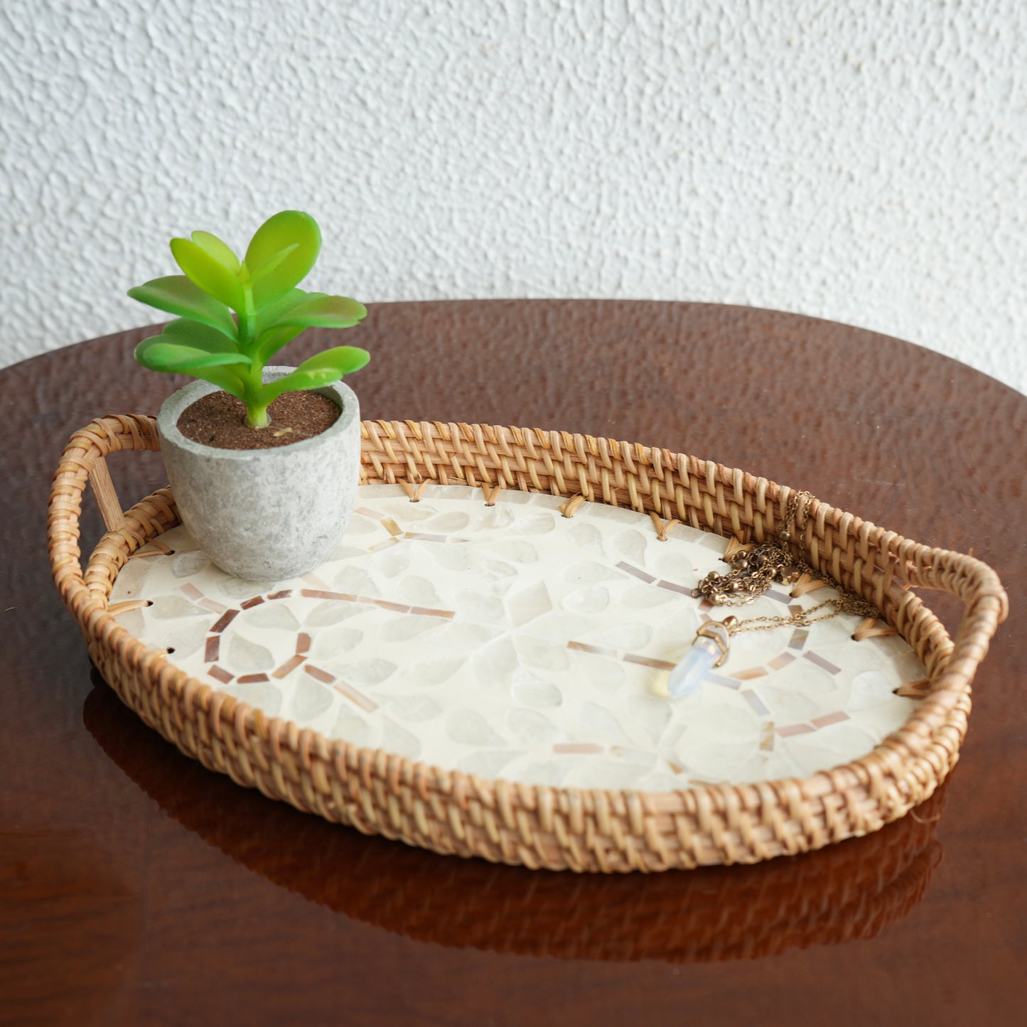 Small Oval Mother-of-Pearl & Cane Serving Tray - Pearl White