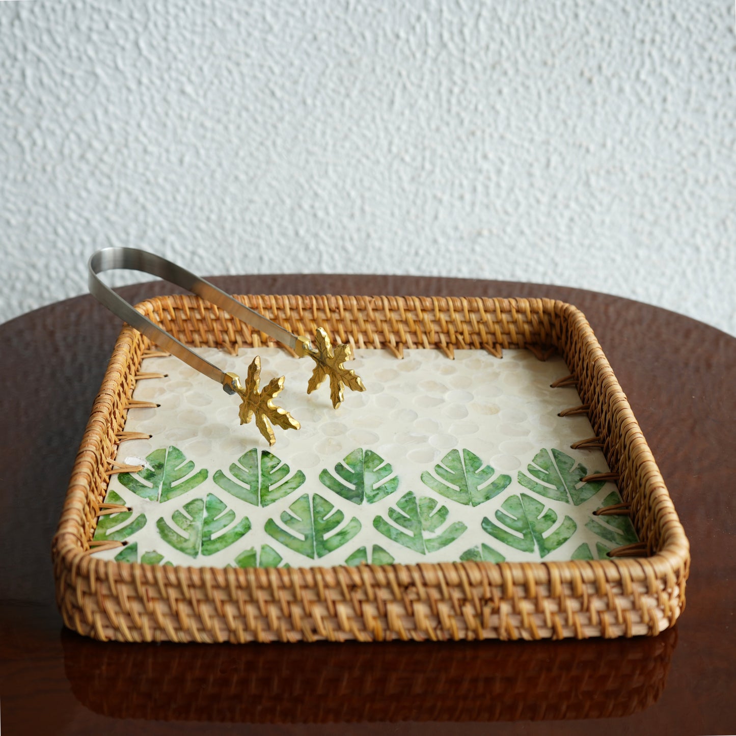 Medium Square Mother-of-Pearl & Cane Serving Tray - Botanic