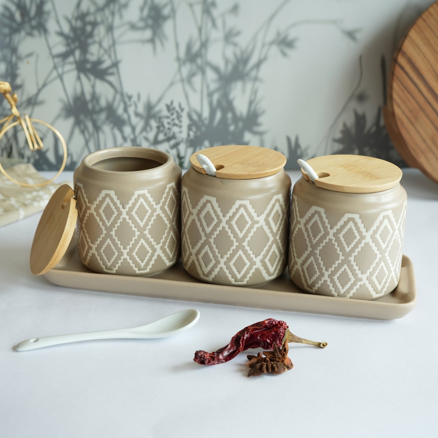 Set of 3 Ceramic Pickle Jars- Beige