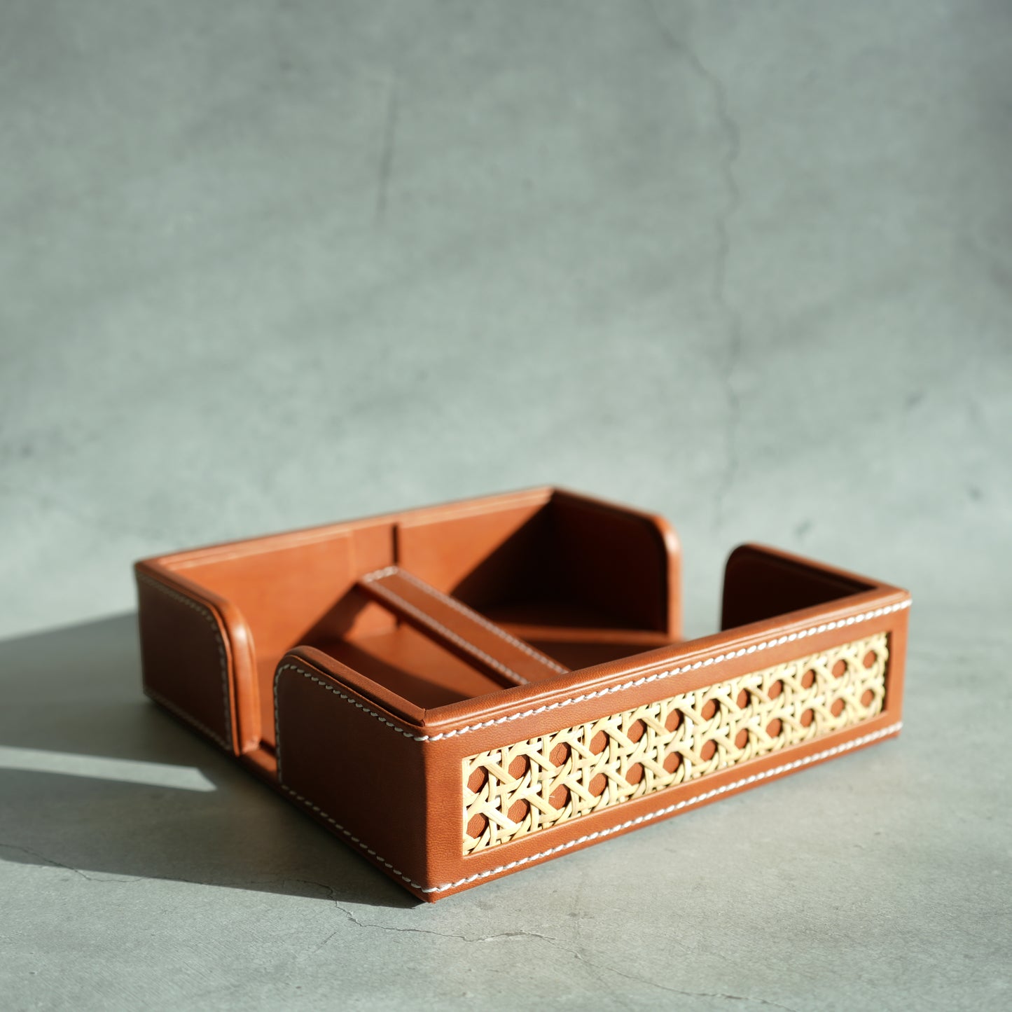 Tan Brown PU Leather & Rattan Tissue Holder with Weighted Bar