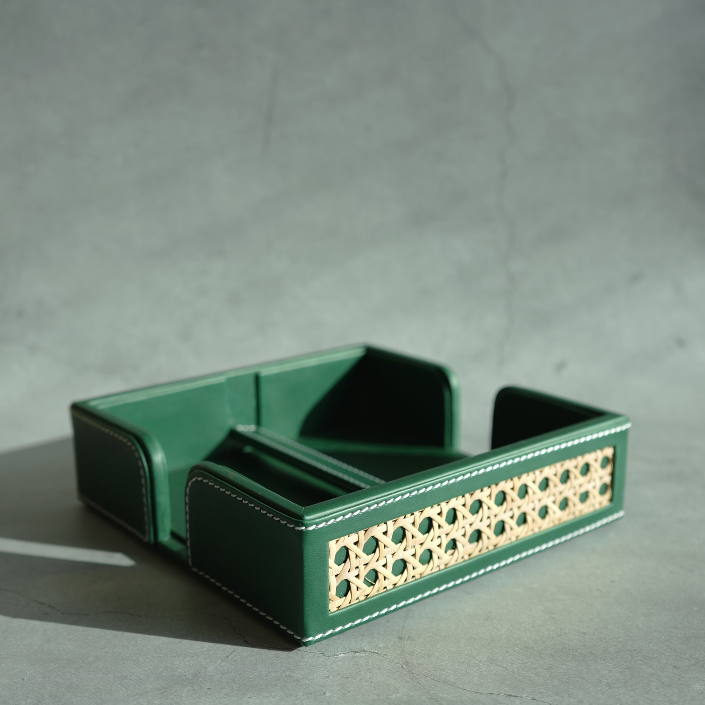 Emerald Green PU Leather & Rattan Tissue Holder with Weighted Bar