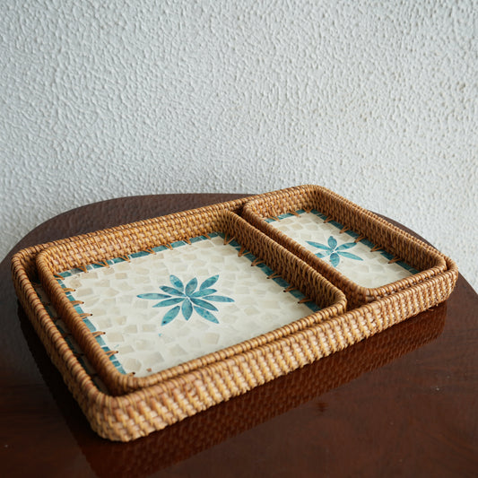 Set of 3 Mother-of-Pearl & Cane Serving Tray - Aqua