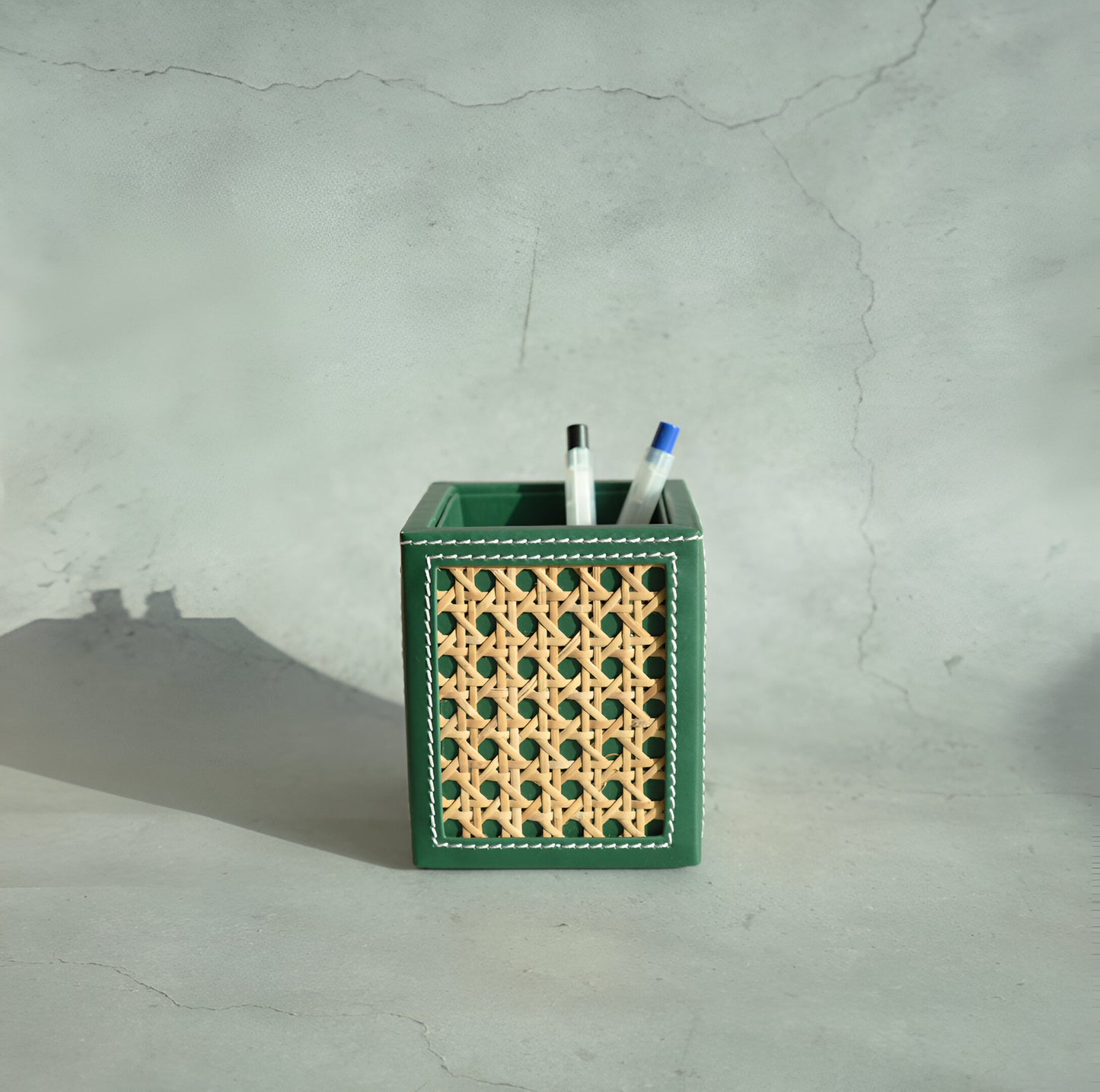 Emerald Green PU Leather & Rattan Stationery Holder
