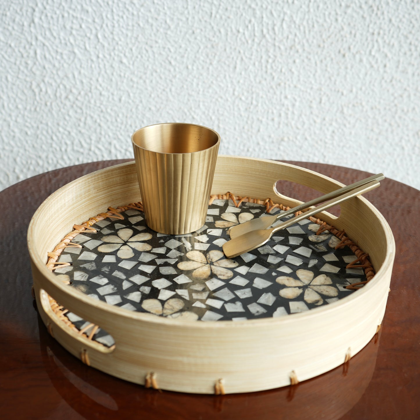 Regular Round Mother-of-Pearl & Cane Serving Tray - Noir