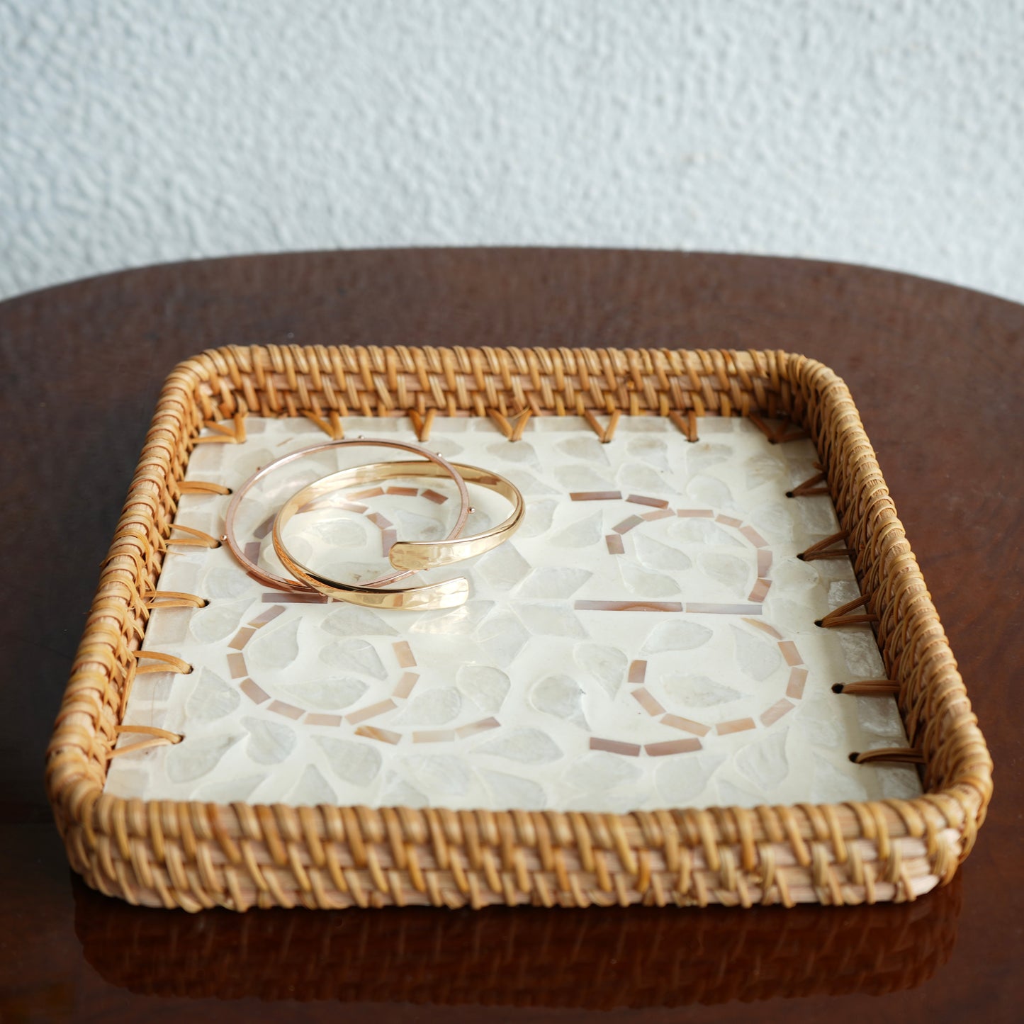 Small Square Mother-of-Pearl & Cane Serving Tray - Pearl White
