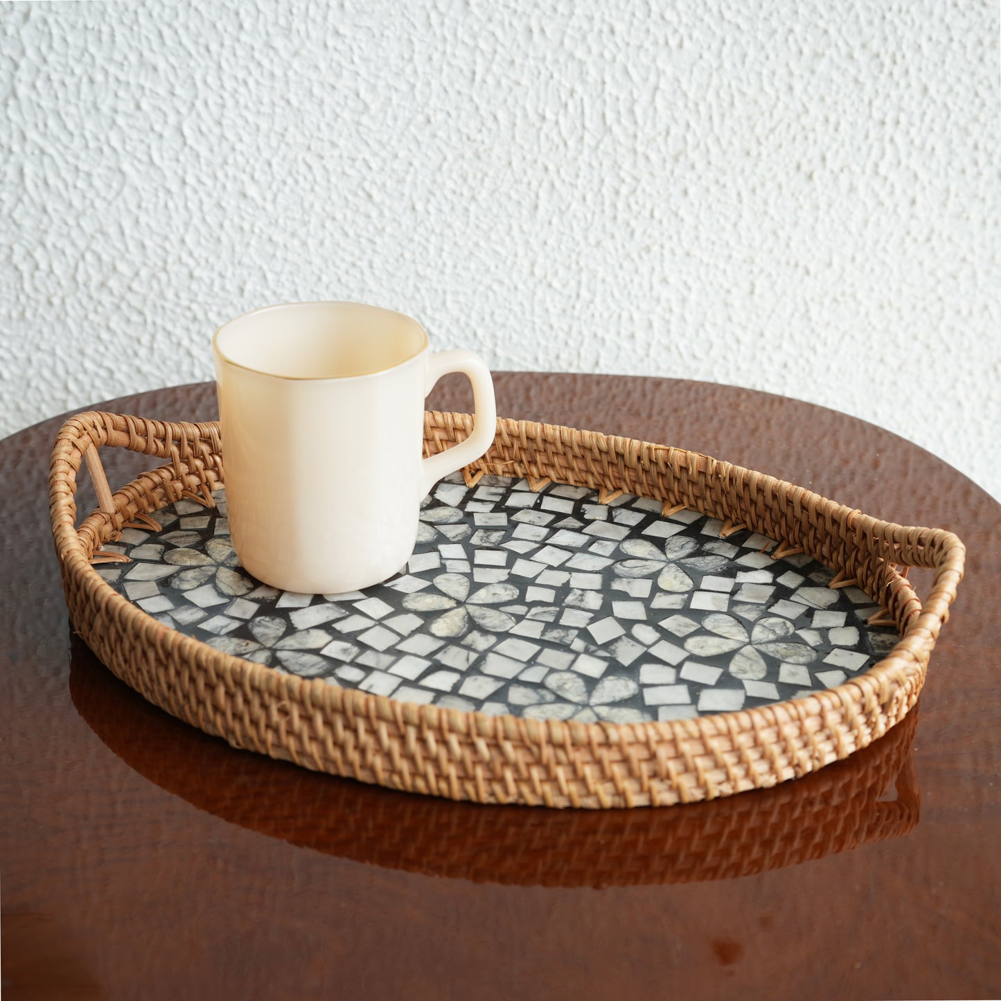 Large Oval Mother-of-Pearl & Cane Serving Tray - Noir