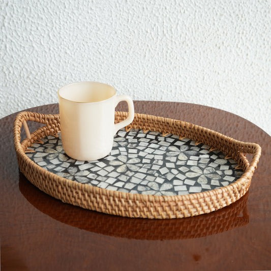 Large Oval Mother-of-Pearl & Cane Serving Tray - Noir