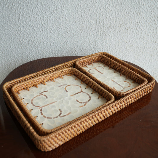 Set of 3 Mother-of-Pearl & Cane Serving Tray - Pearl White