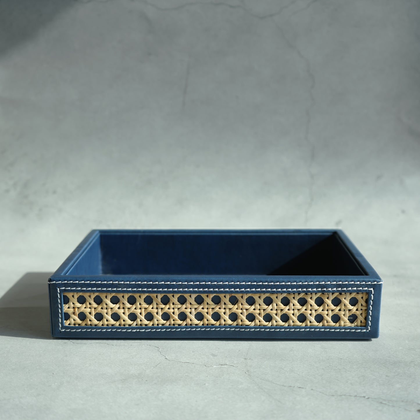 Steel Blue PU Leather & Rattan Serving Tray - Small