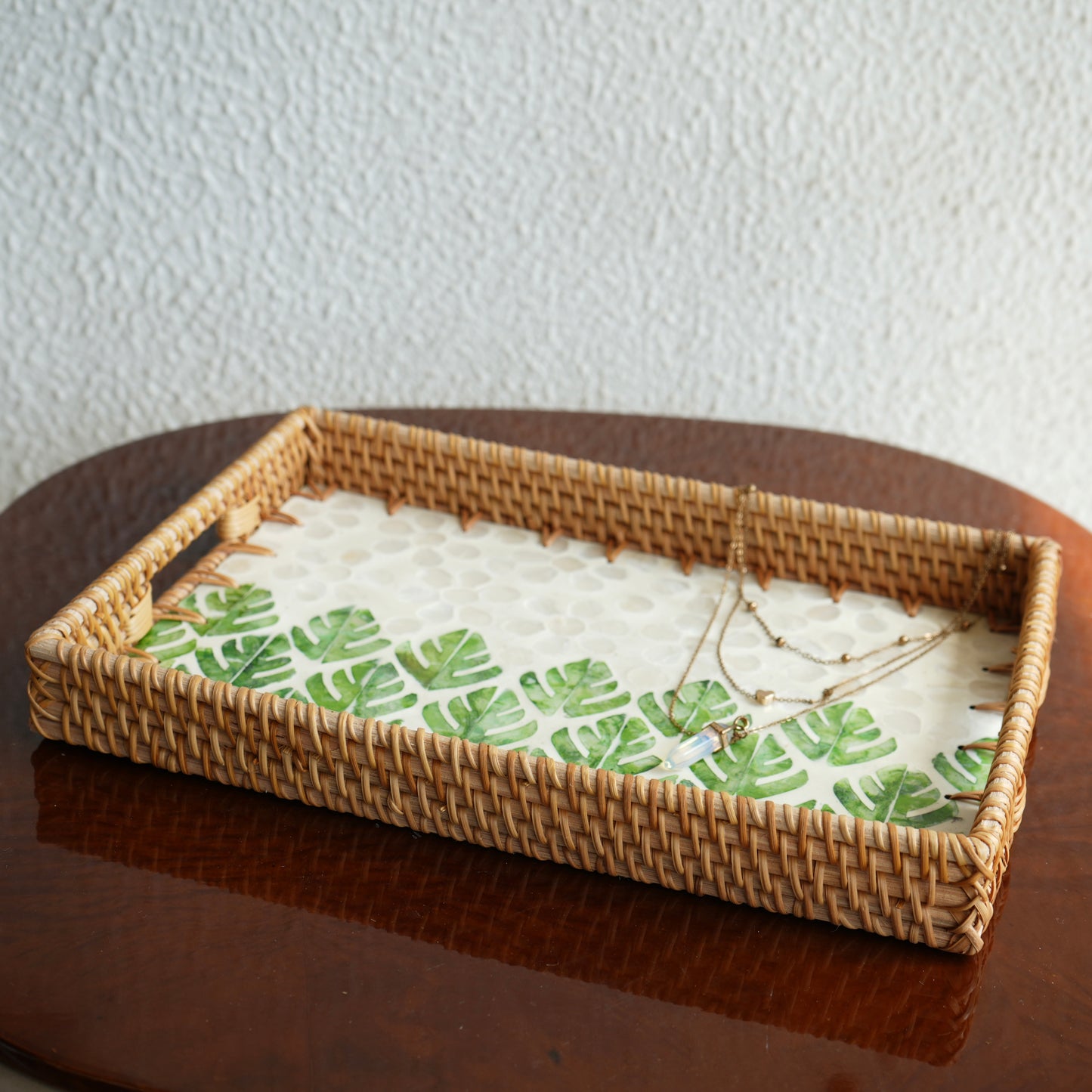 Regular Rectangular Mother-of-Pearl & Cane Serving Tray - Botanic
