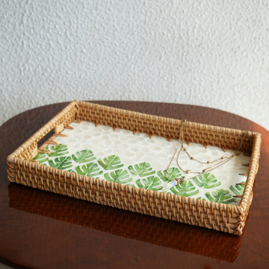 Regular Rectangular Mother-of-Pearl & Cane Serving Tray - Botanic