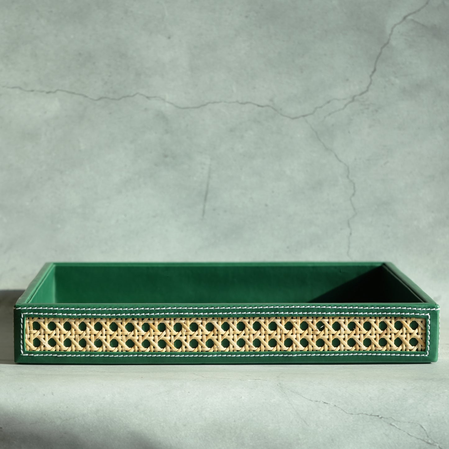 Emerald Green PU Leather & Rattan Serving Tray - Large