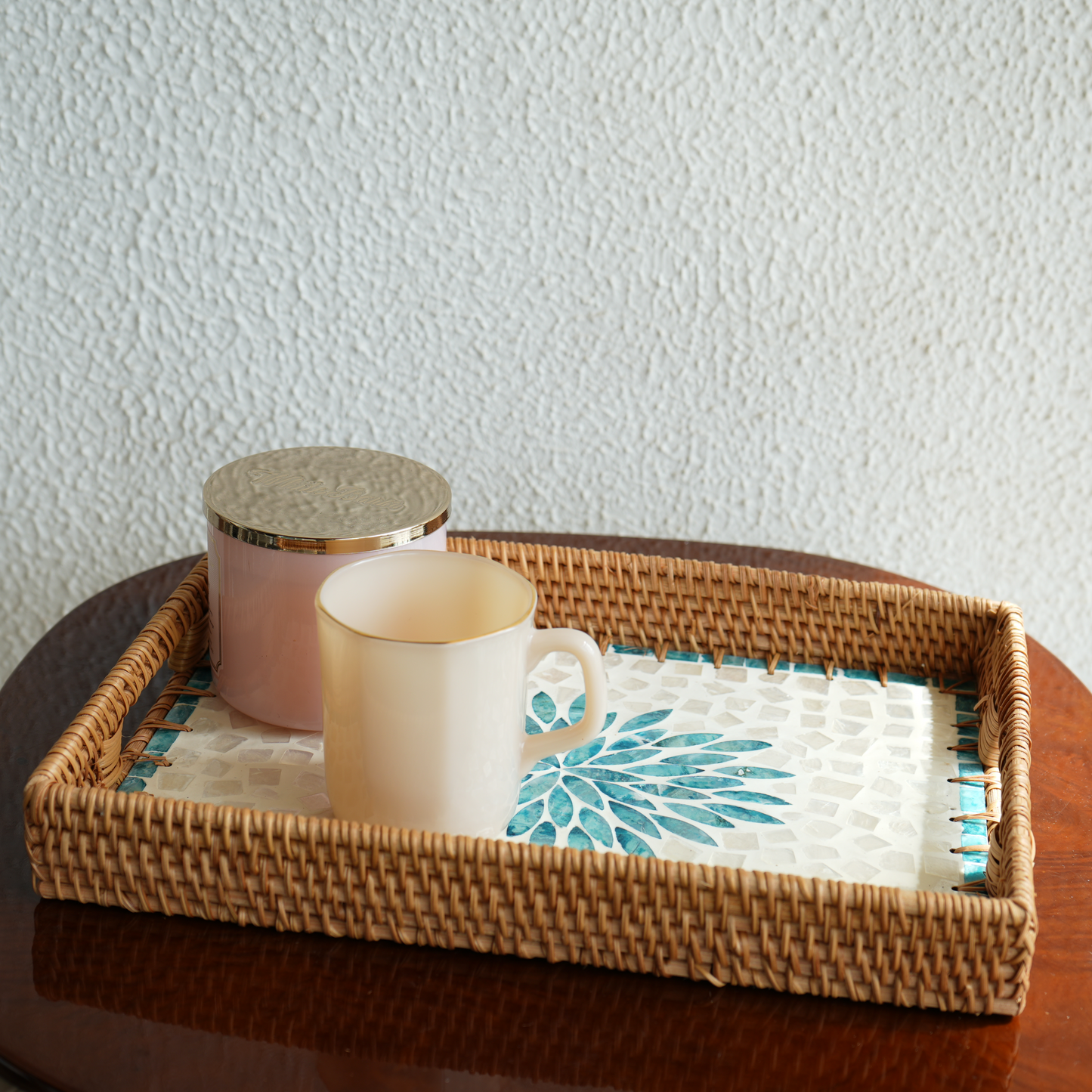 Large Rectangular Mother-of-Pearl & Cane Serving Tray - Aqua