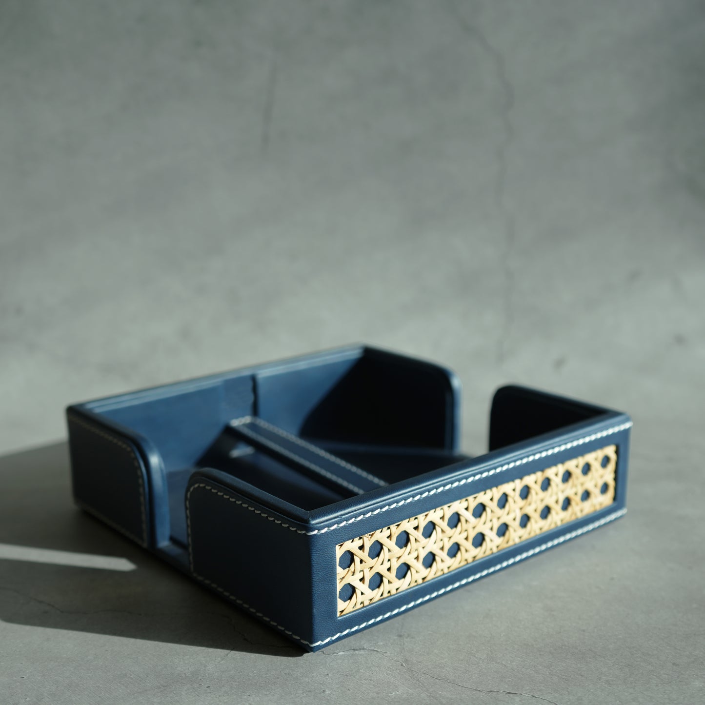 Steel Blue PU Leather & Rattan Tissue Holder with Weighted Bar