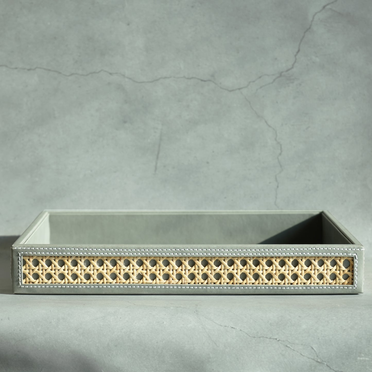 Stone Gray PU Leather & Rattan Serving Tray - Large