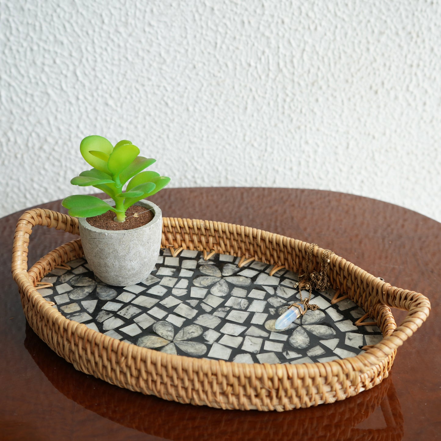 Small Oval Mother-of-Pearl & Cane Serving Tray - Noir