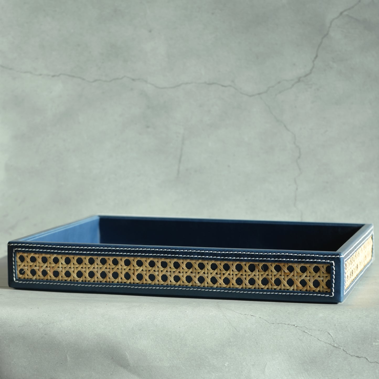 Steel Blue PU Leather & Rattan Serving Tray - Large