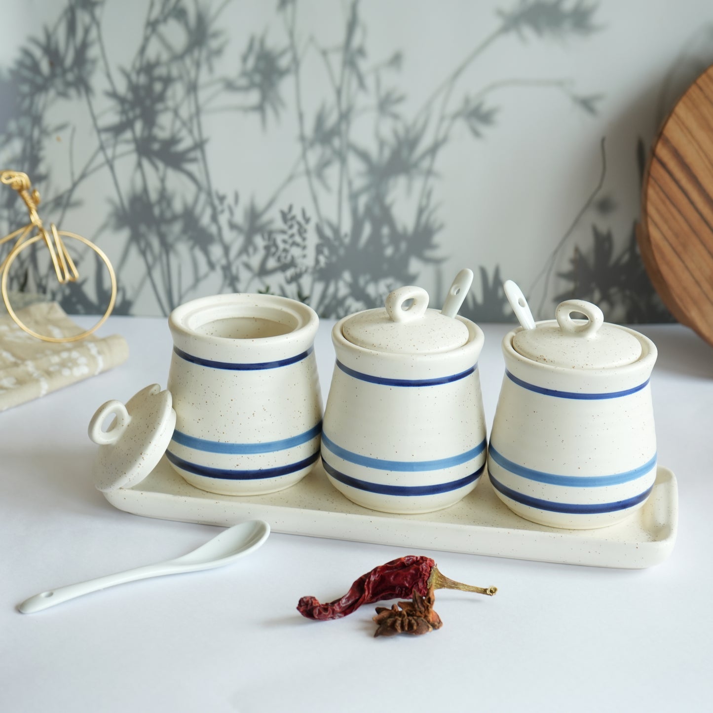 Set of 3 Ceramic Pickle Jars- White & Blue