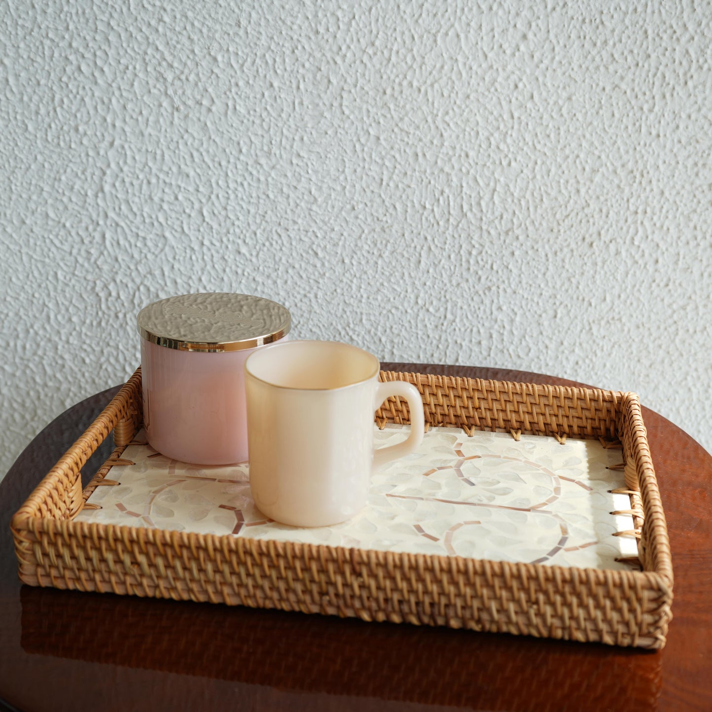 Large Rectangular Mother-of-Pearl & Cane Serving Tray - Pearl White