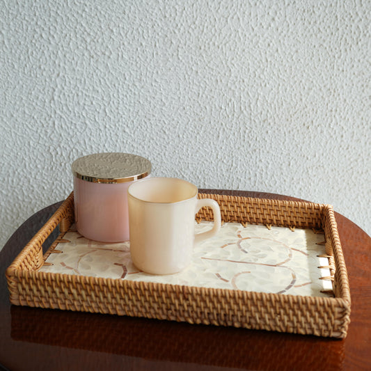 Large Rectangular Mother-of-Pearl & Cane Serving Tray - Pearl White