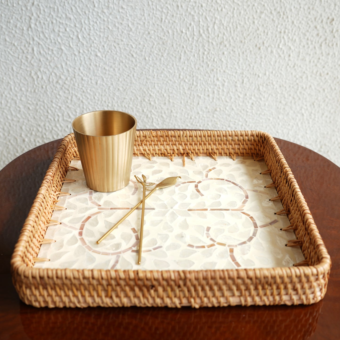 Large Square Mother-of-Pearl & Cane Serving Tray - Pearl White