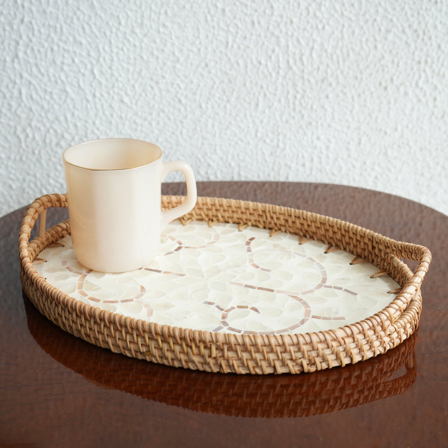 Large Oval Mother-of-Pearl & Cane Serving Tray - Pearl White