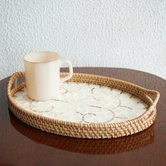 Large Oval Mother-of-Pearl & Cane Serving Tray - Pearl White