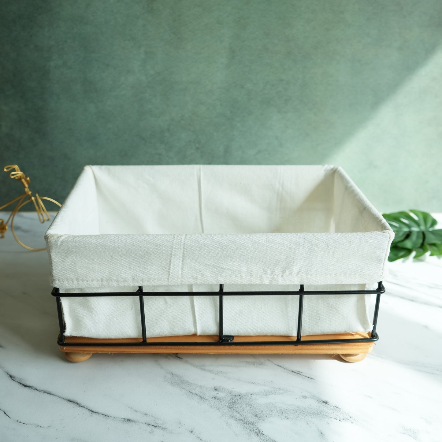 Metal and Wood Storage Basket with Liner- Small