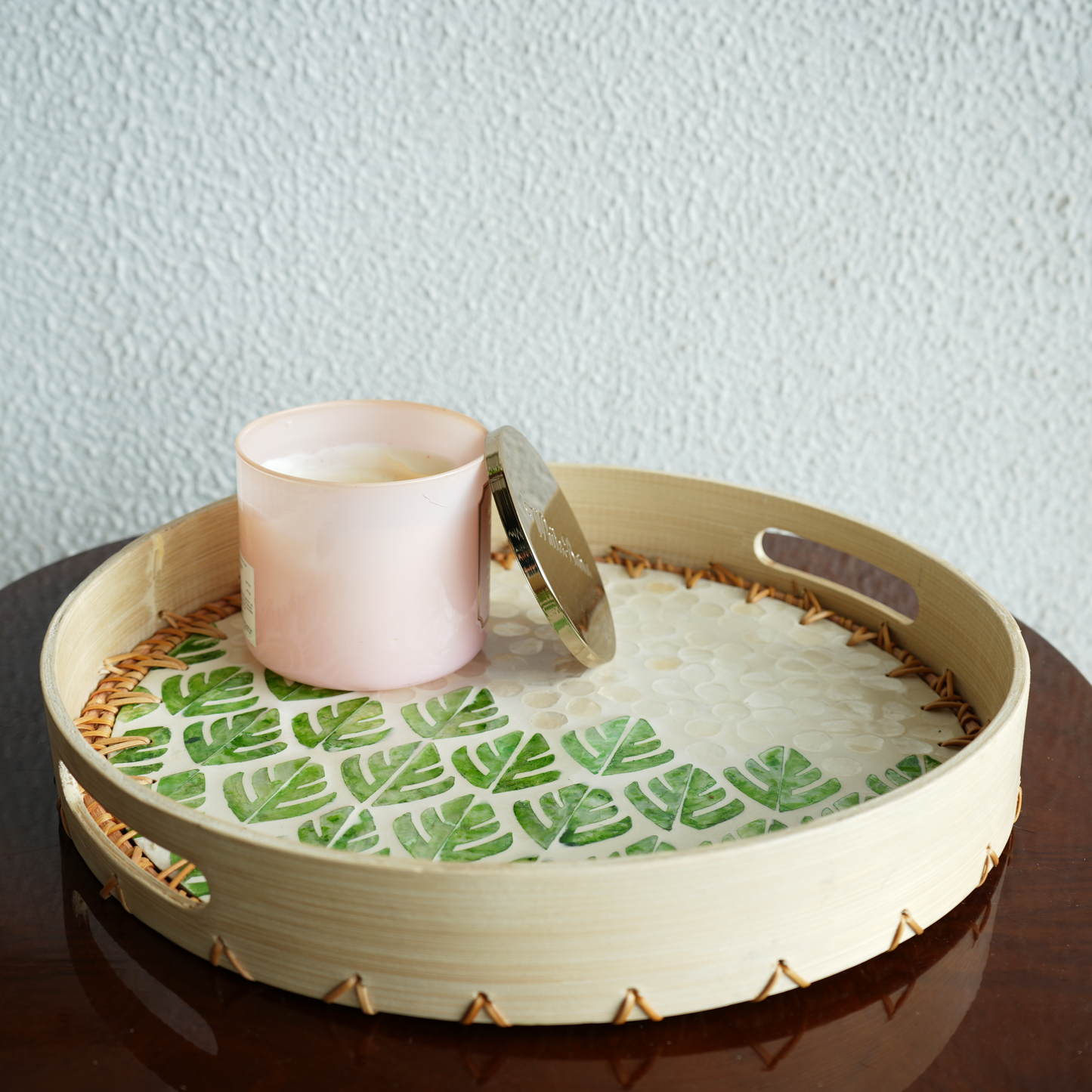 Large Round Mother-of-Pearl & Cane Serving Tray - Botanic