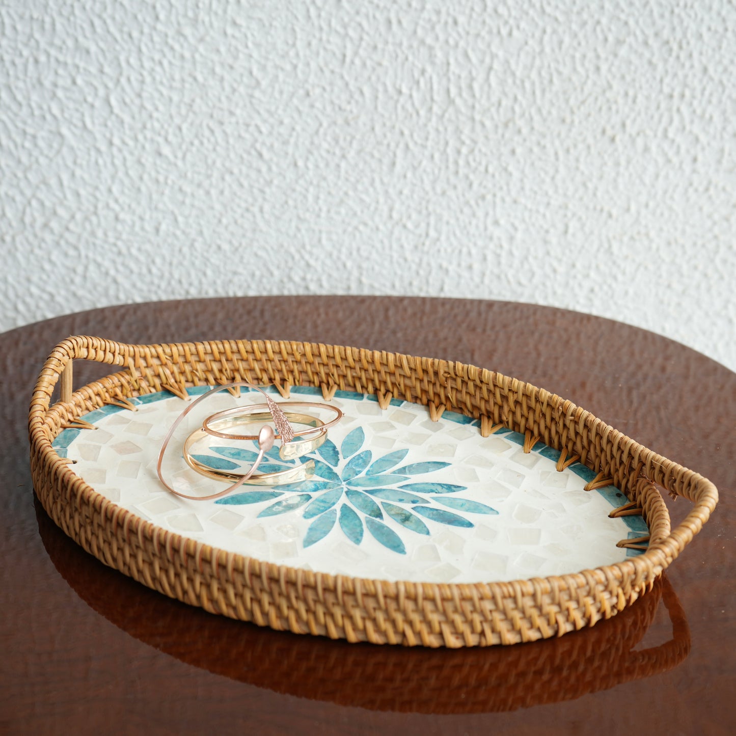 Medium Oval Mother-of-Pearl & Cane Serving Tray - Aqua
