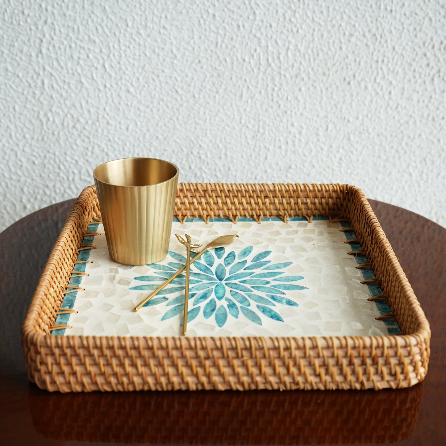Large Square Mother-of-Pearl & Cane Serving Tray - Aqua