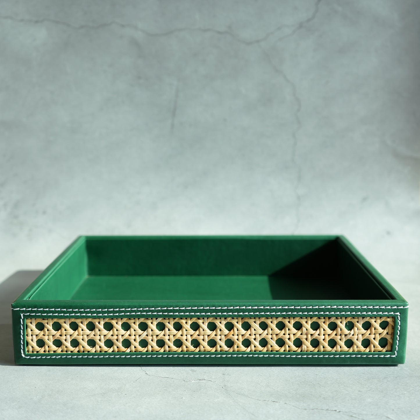 Emerald Green PU Leather & Rattan Serving Tray - Medium