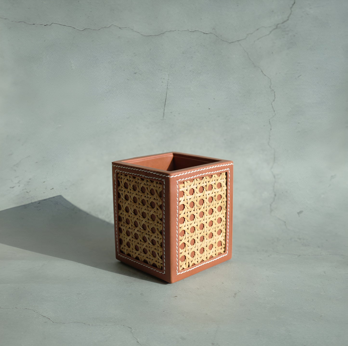 Tan Brown PU Leather & Rattan Stationery Holder