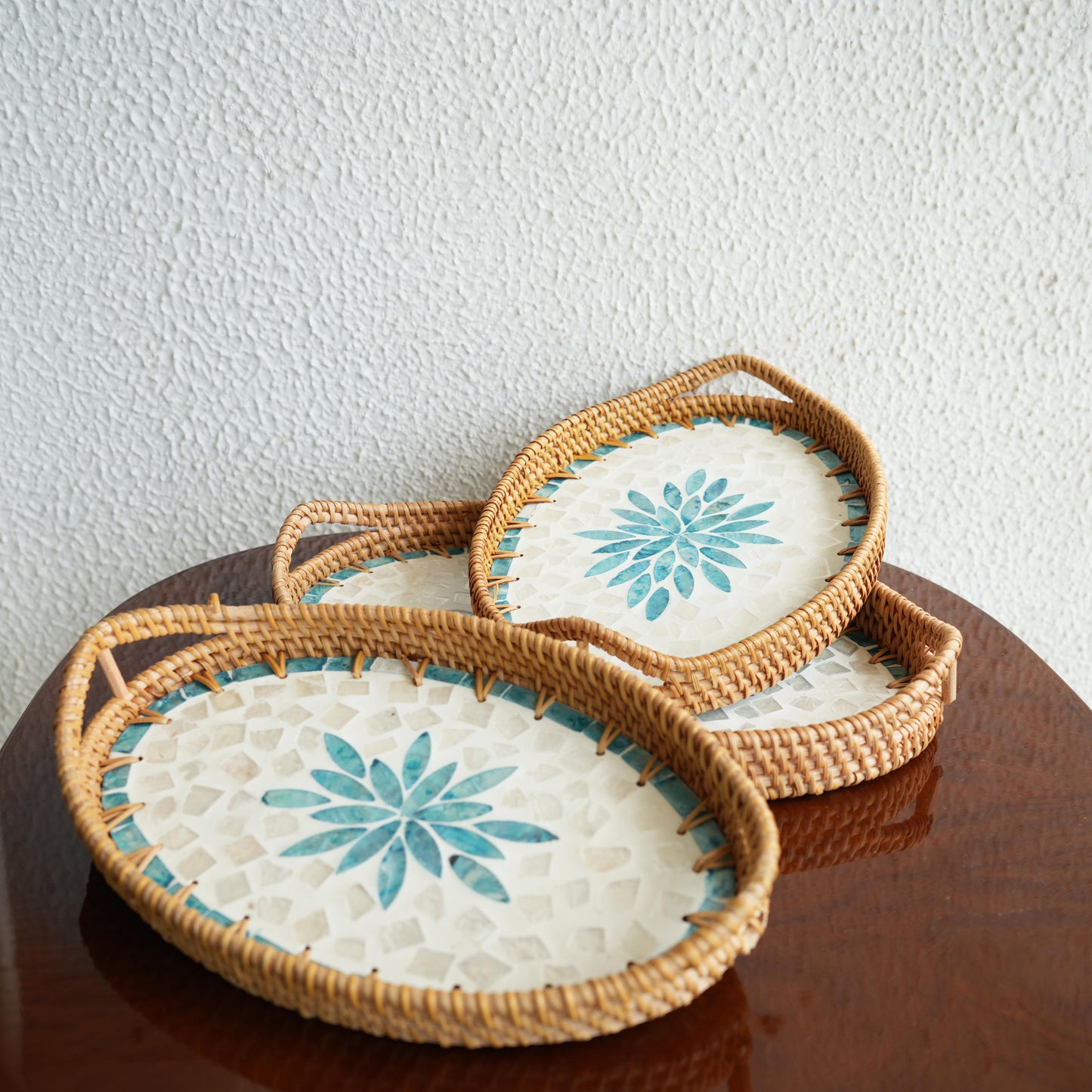 Small Oval Mother-of-Pearl & Cane Serving Tray- Aqua
