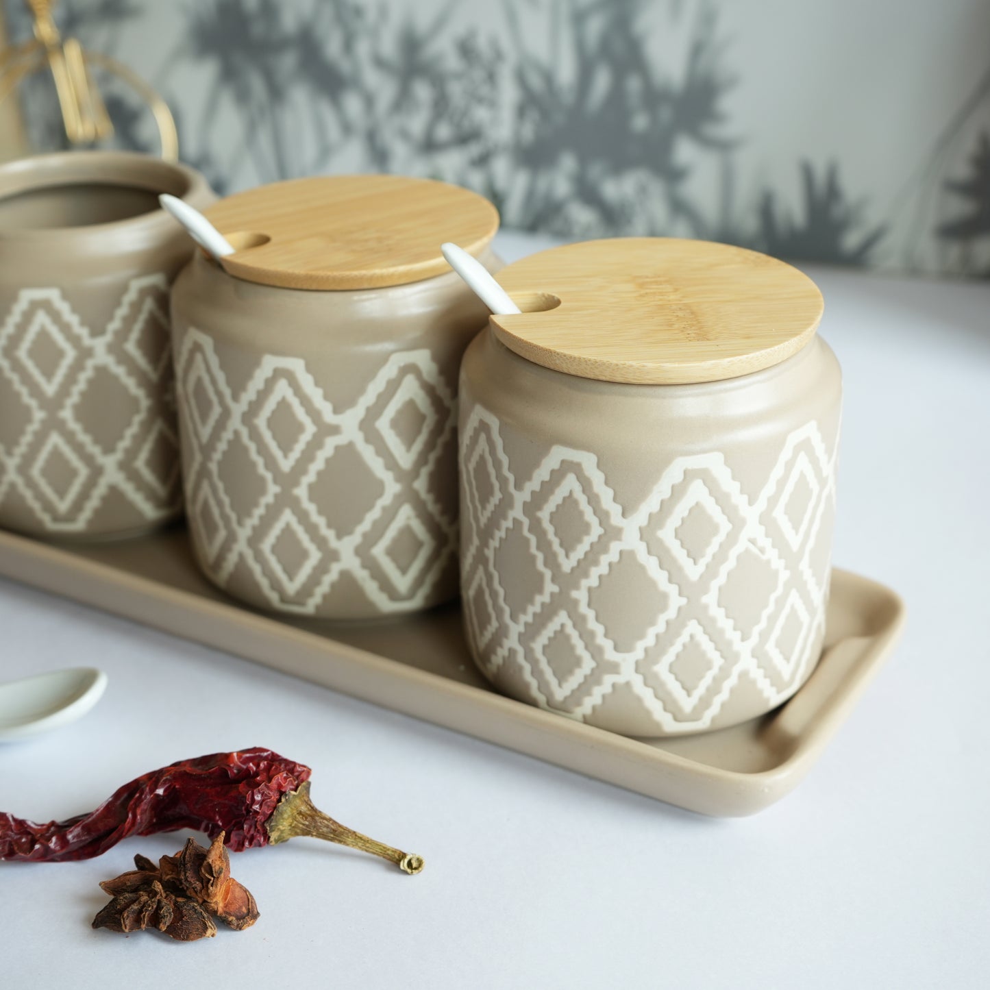 Set of 3 Ceramic Pickle Jars- Beige
