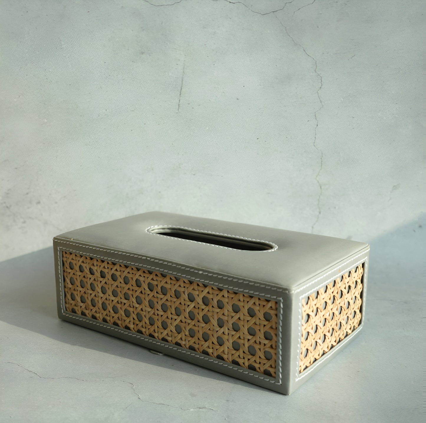 Stone Gray PU Leather & Rattan Tissue Box - Rectangle