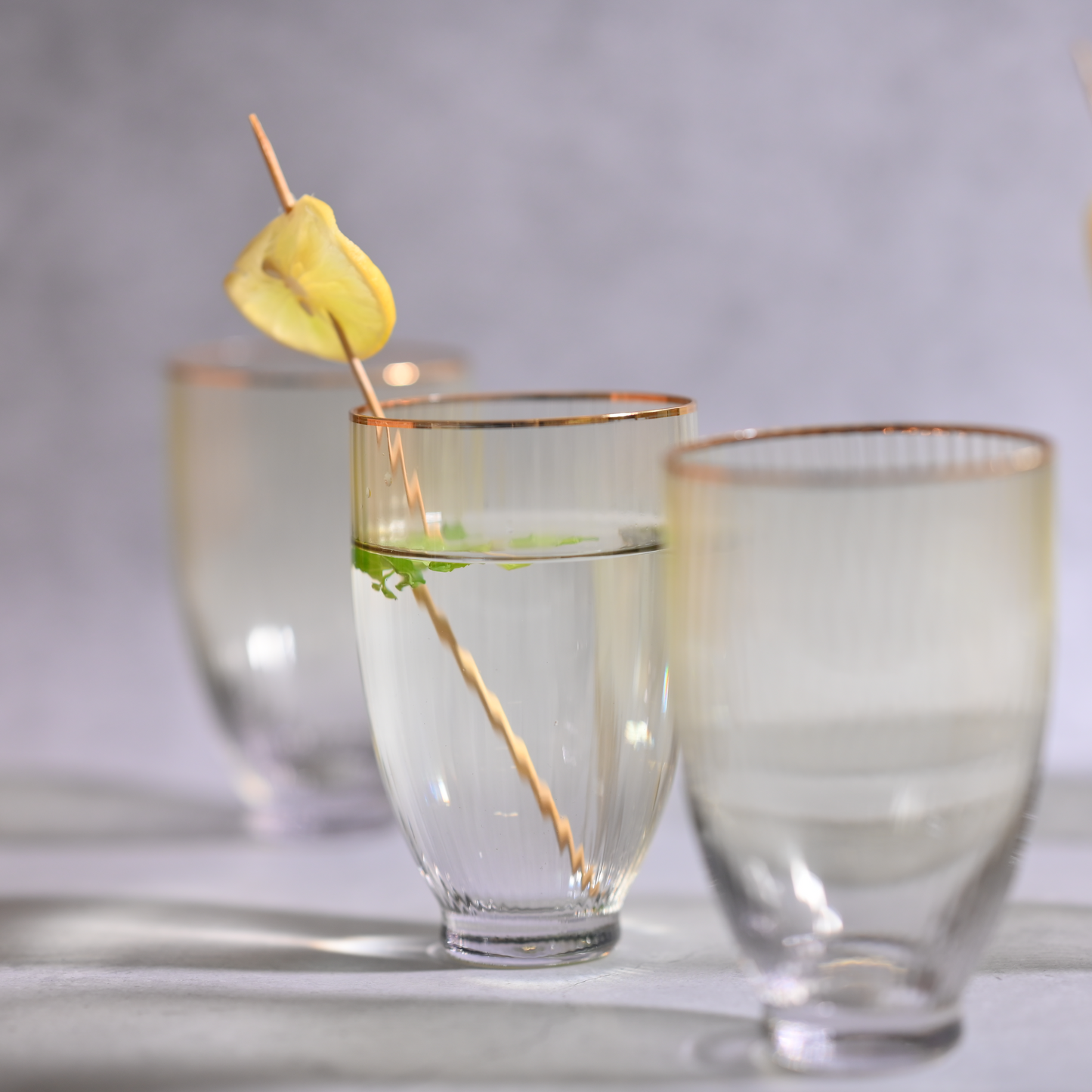Yellow Tinted Ribbed Glass- Tall- Set of 6