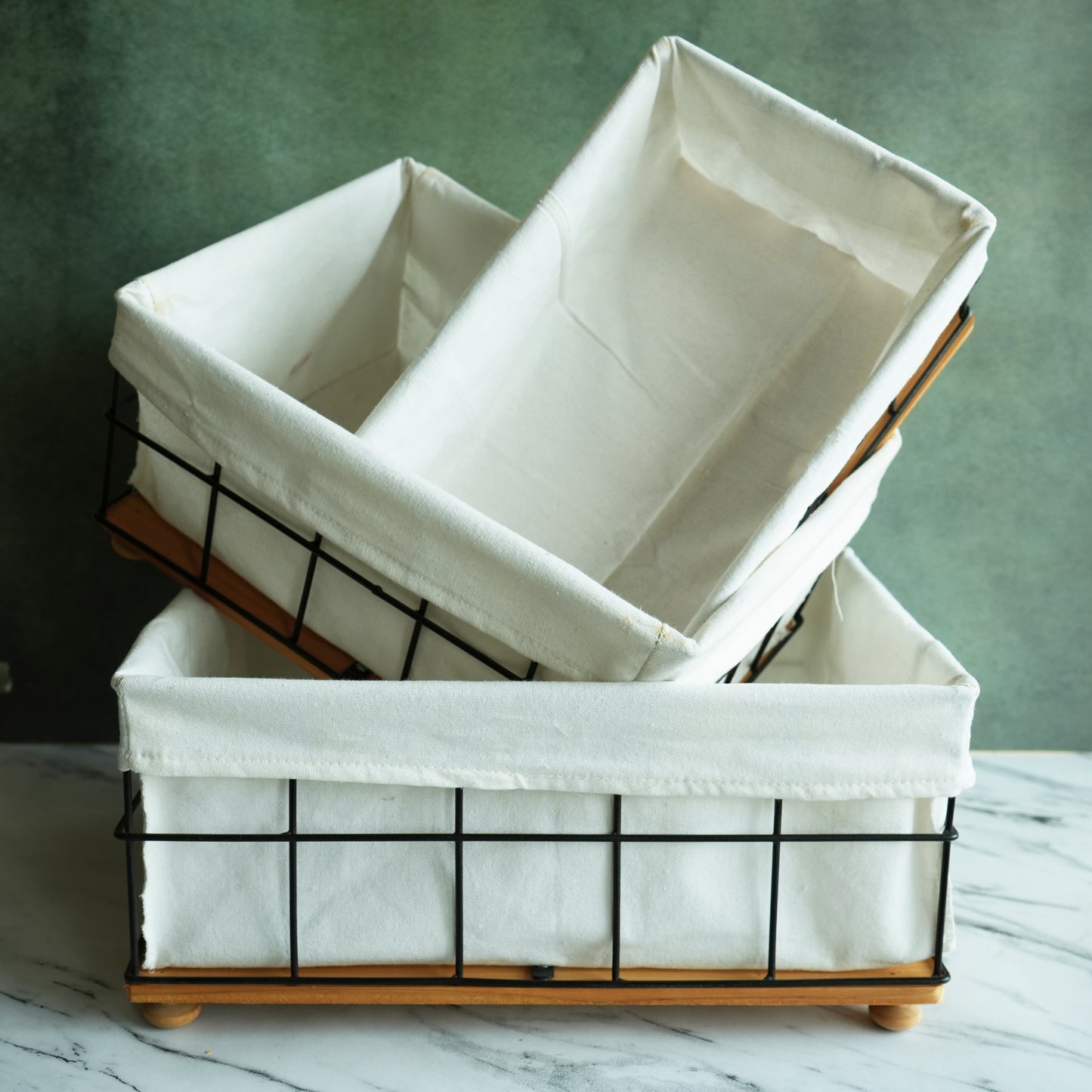 Metal and Wood Storage Basket with Liner- Small
