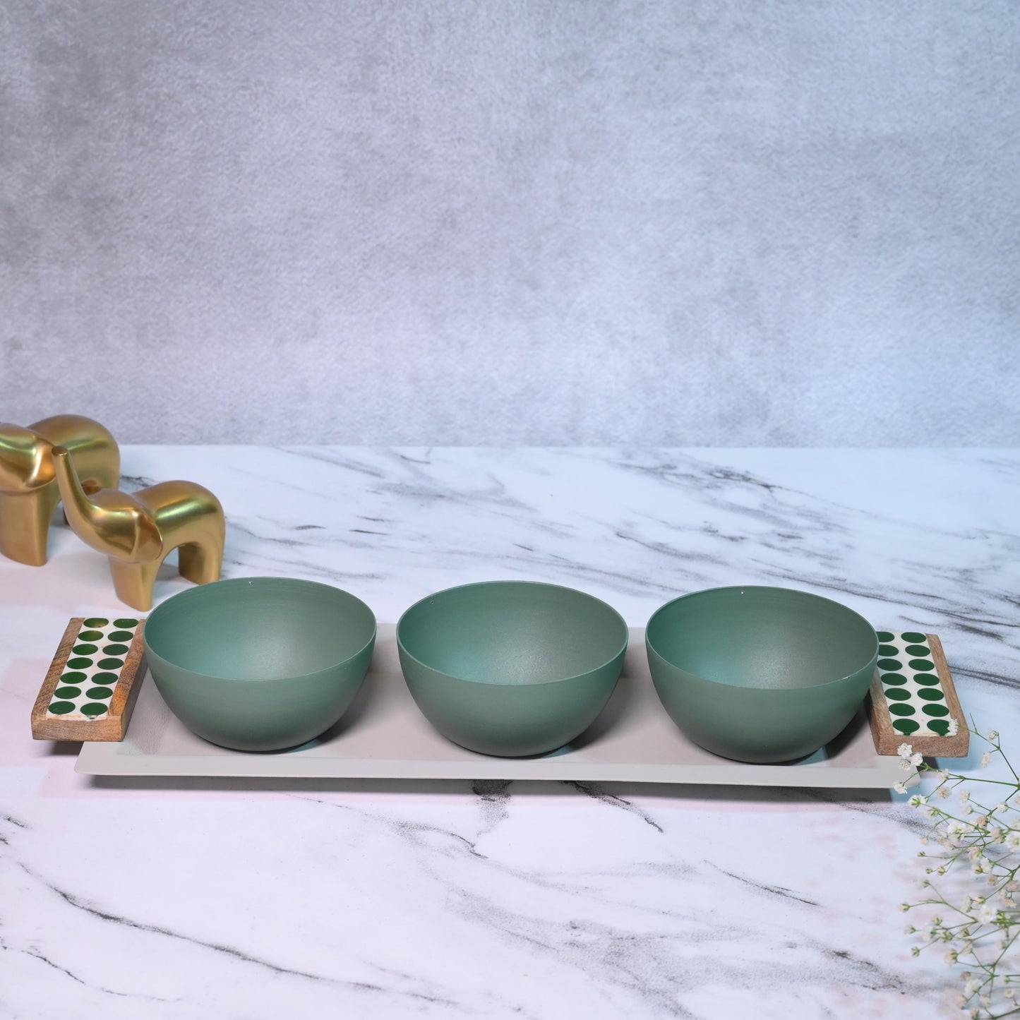 Geometric Metal Tray Set with 3 Serving Bowls