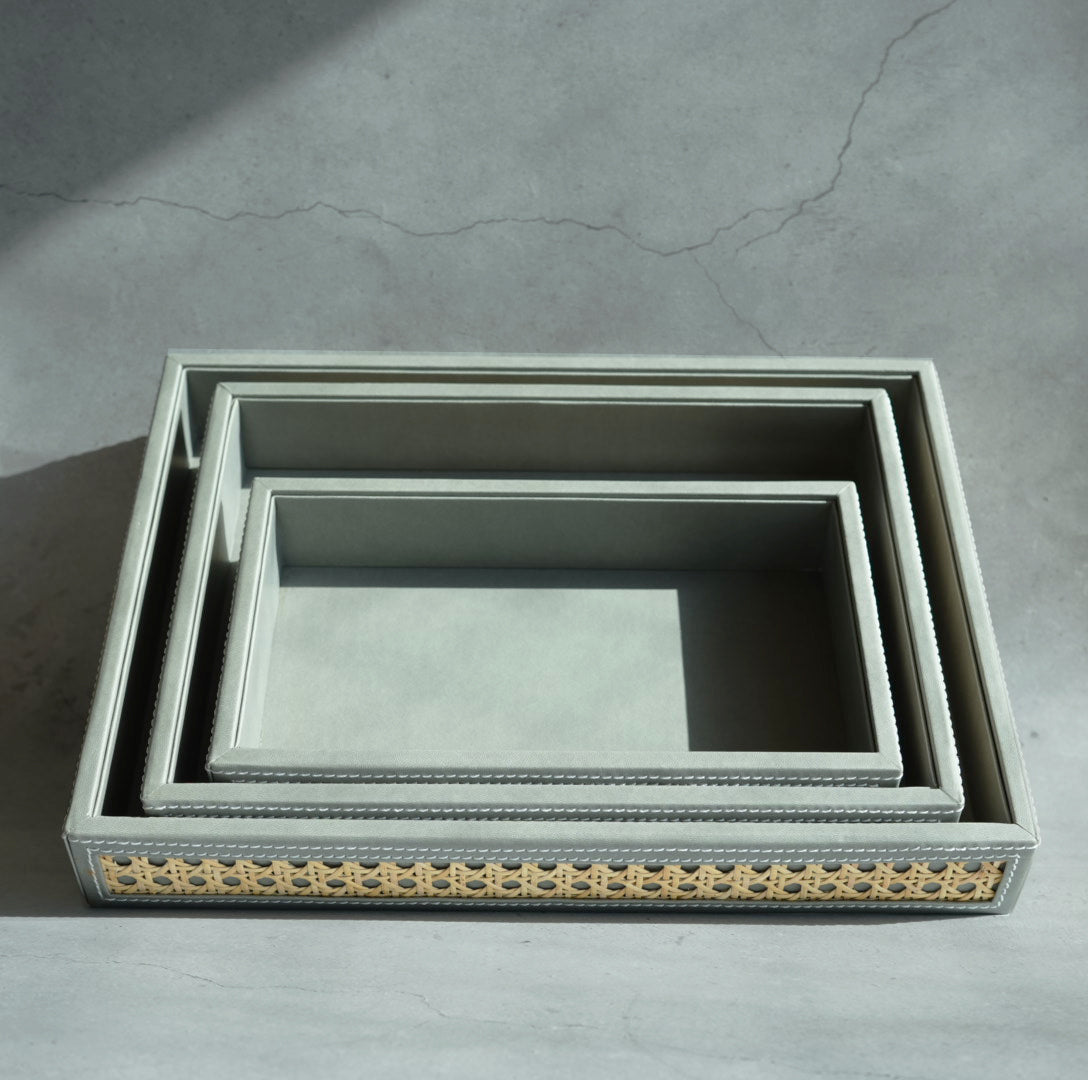 Stone Gray PU Leather & Rattan Serving Tray - Large