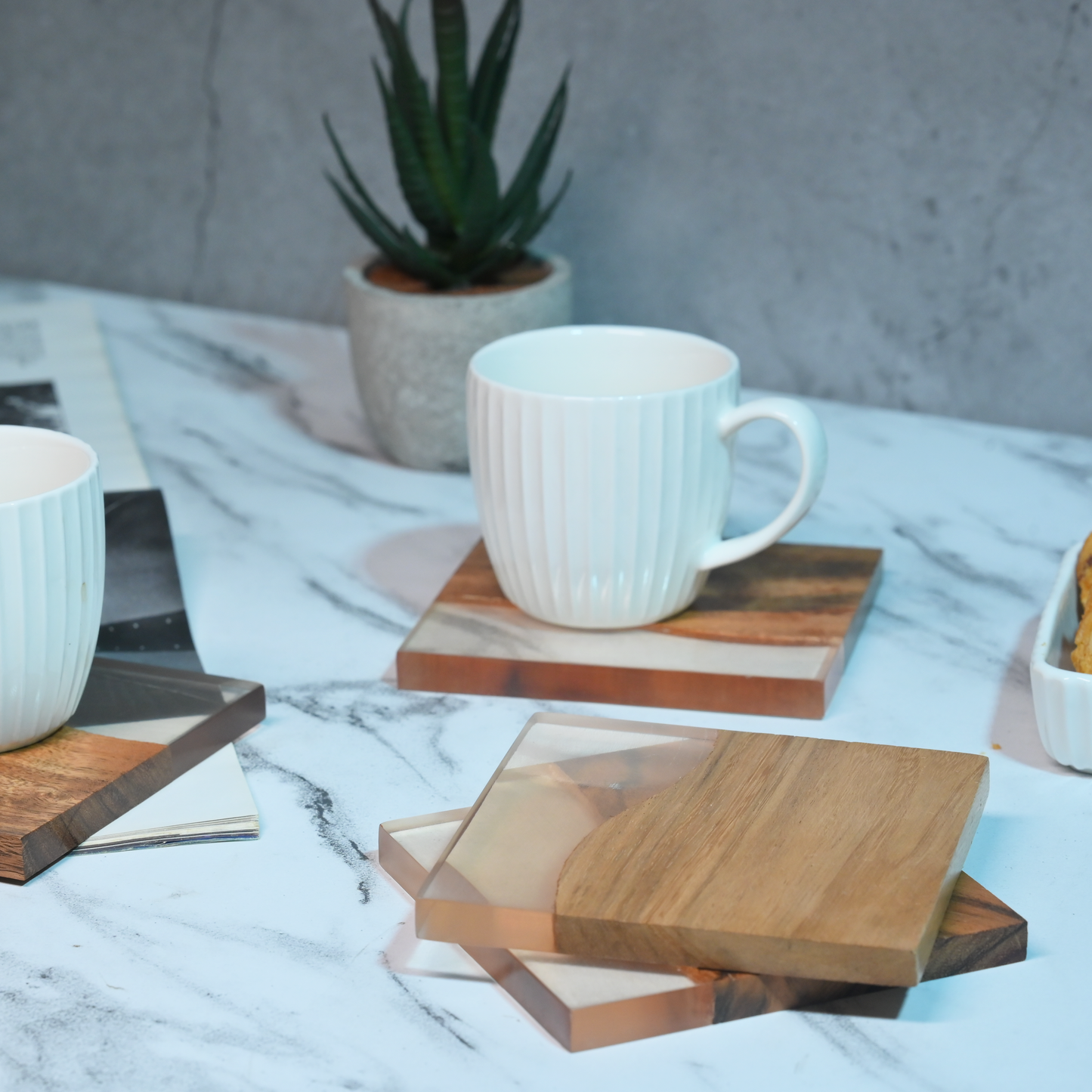 Brown Translucent Resin and Wooden Square Coasters- Set of 4