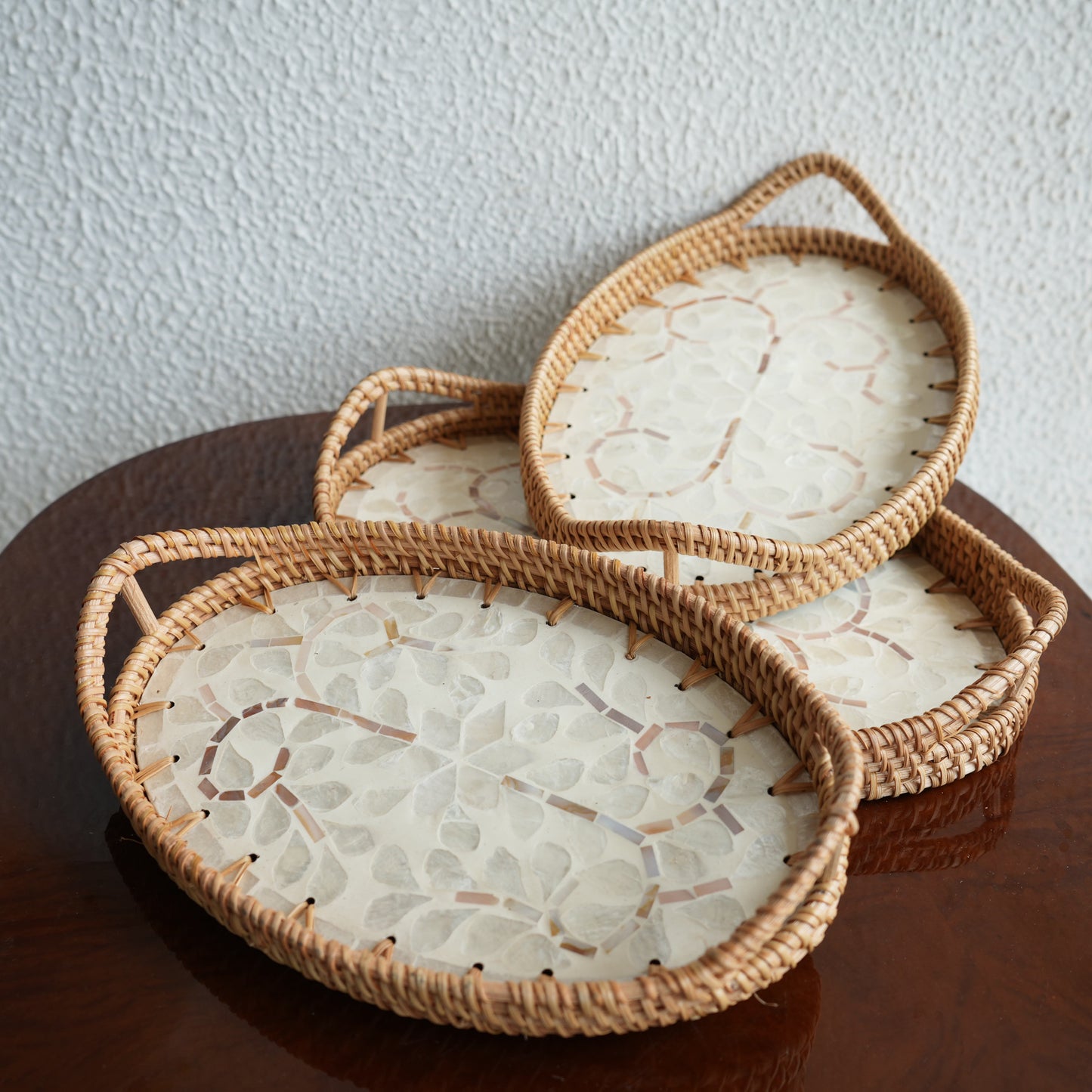 Small Oval Mother-of-Pearl & Cane Serving Tray - Pearl White