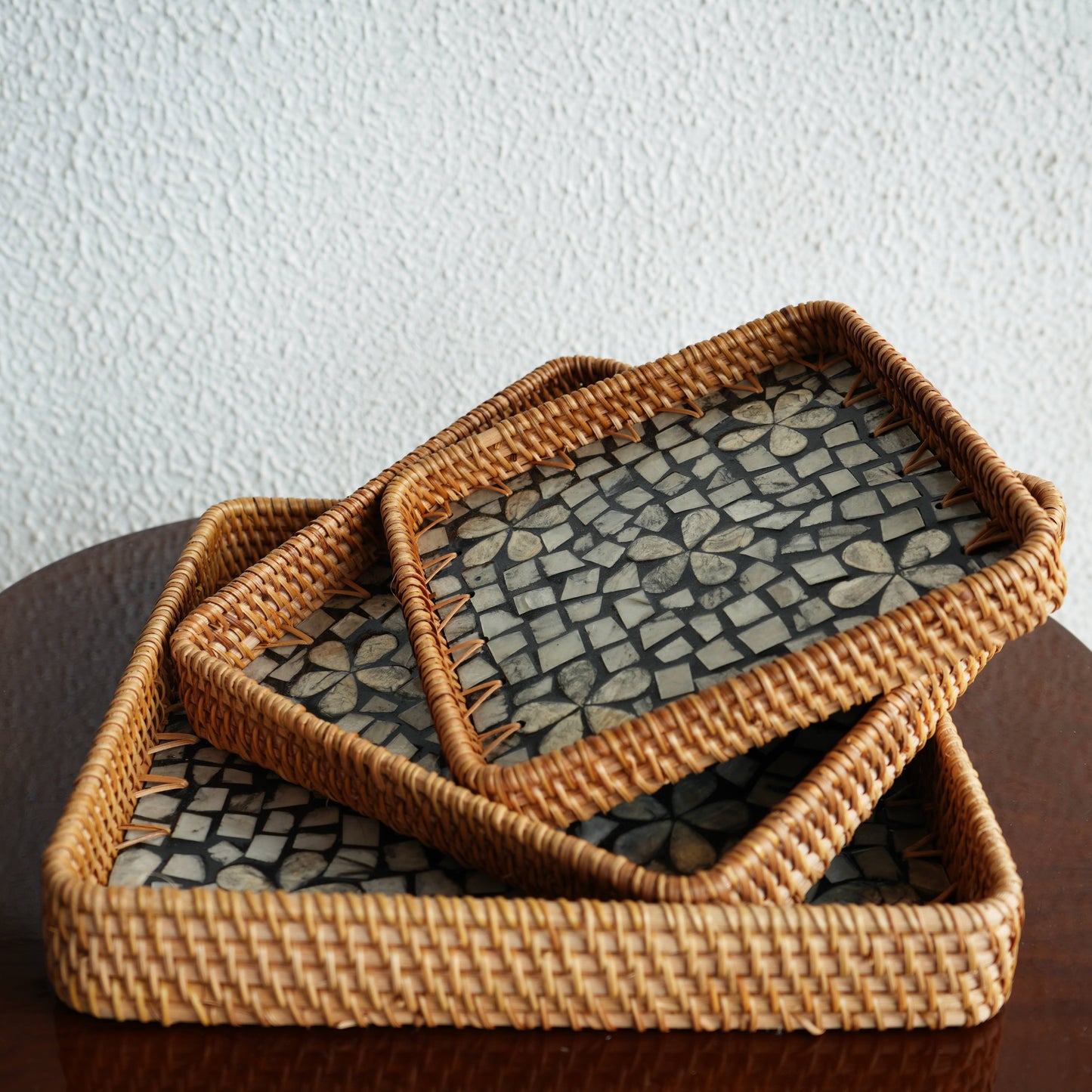 Medium Square Mother-of-Pearl & Cane Serving Tray - Noir