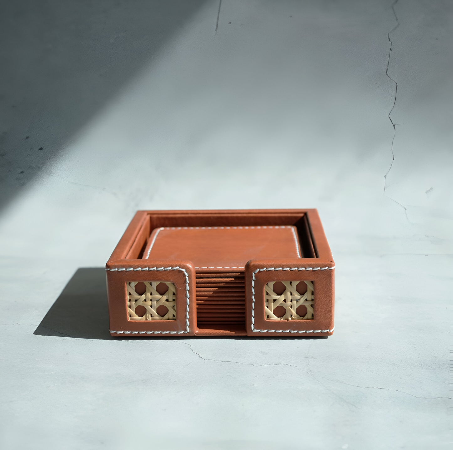 Tan Brown PU Leather & Rattan Coasters - Set of 6