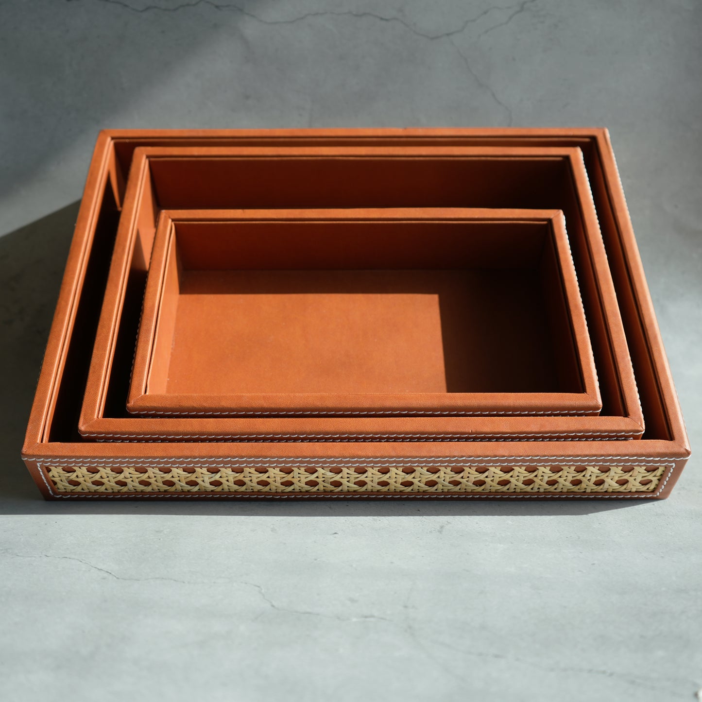 Tan Brown PU Leather & Rattan Serving Tray - Large