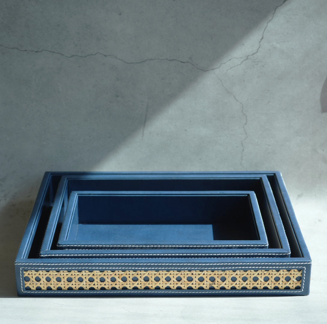 Steel Blue PU Leather & Rattan Serving Tray - Small
